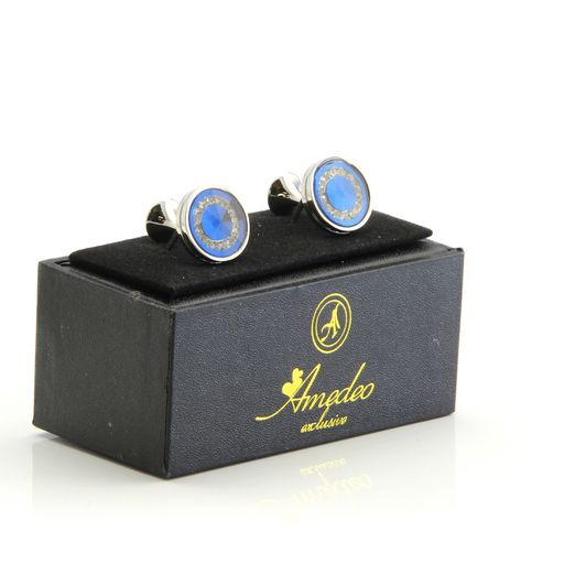 Topaz Blue With Stones Mens Stainless Steel Round Cufflinks for Shirt with Box - Hand Crafted - Image 2