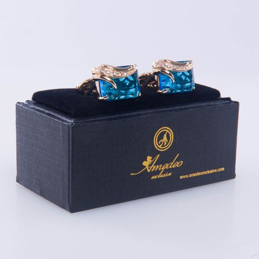 Gold + Light Blue Mens Stainless Steel Squares Cufflinks for Shirt with Box - Hand Crafted Perfect - Image 2