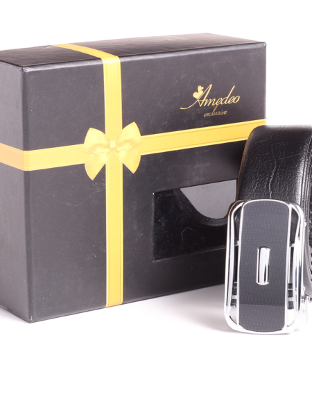 Men's Smart Ratchet No Holes Automatic Buckle Belt in Black Belt - Two-Toned Silver Checkered Color - Amedeo Exclusive