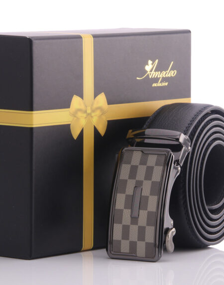 Men's Smart Ratchet No Holes Automatic Buckle Belt in Two-Toned Silver Checkered Color - Amedeo Exclusive