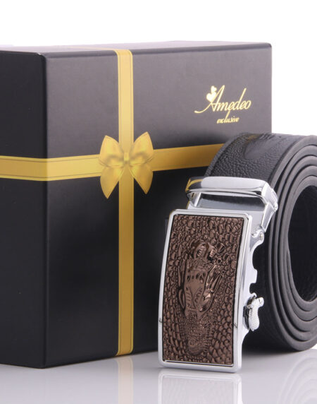 Men's Stainless Steel Black Belt - Brown Dragon Buckle Belt - Amedeo Exclusive