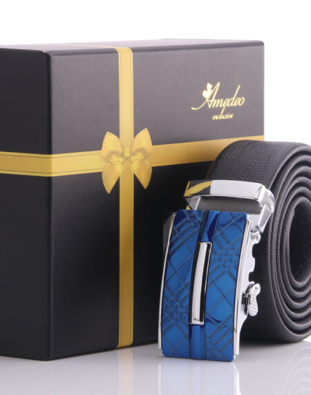 Men's Stainless Steel Black Belt - With Blue Buckle - Amedeo Exclusive