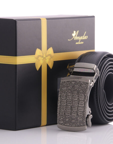 Men's Smart Ratchet No Holes Automatic Buckle Belt in Shiny Silver Rock Color - Amedeo Exclusive