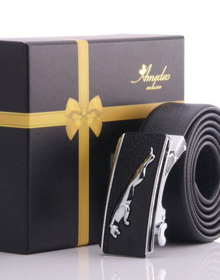 Men's Smart Ratchet No Holes Automatic Buckle Belt in Silver Jaguar Buckle - Amedeo Exclusive