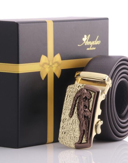 Men's Smart Ratchet No Holes Automatic Buckle Belt in Gold & Brown Color in T - Amedeo Exclusive