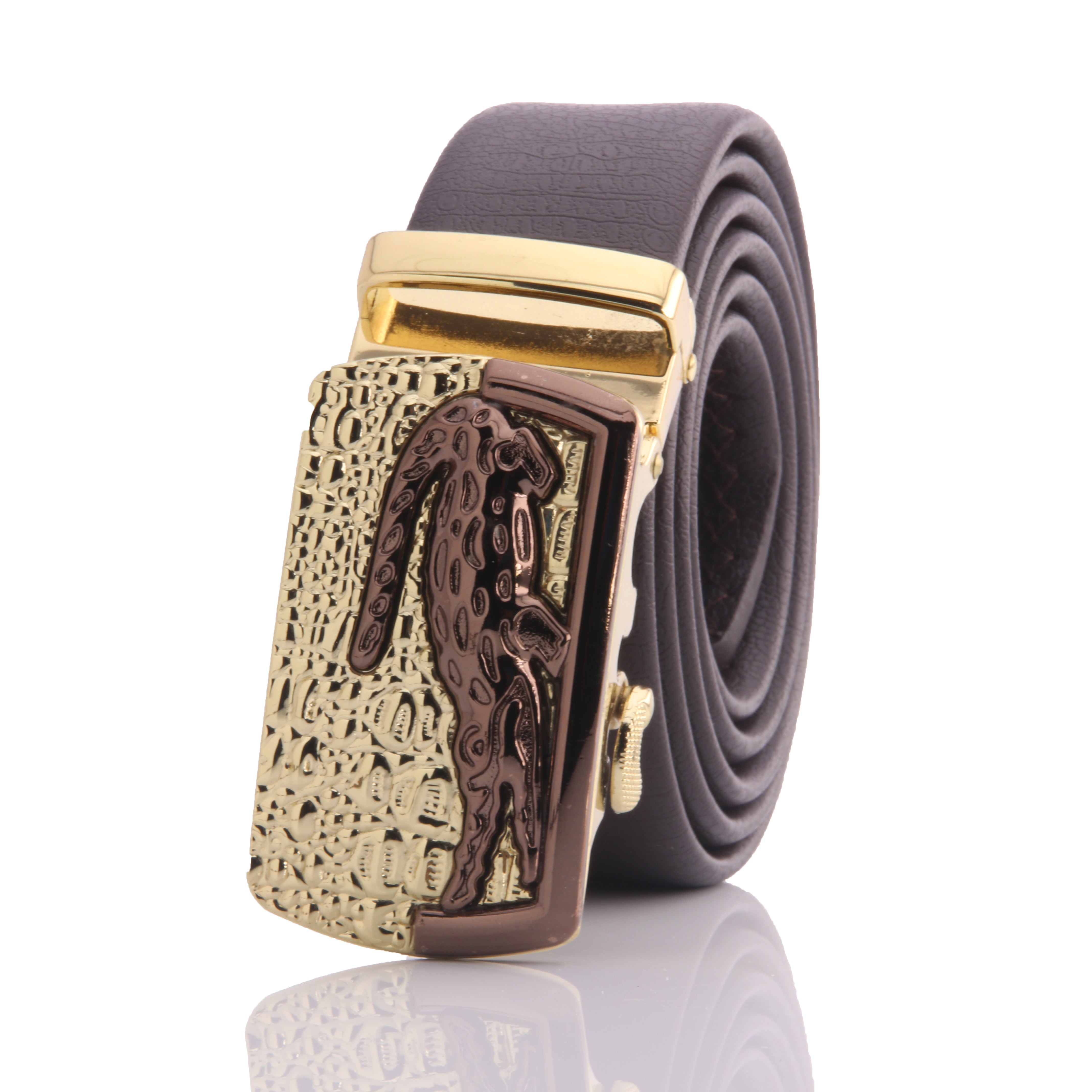 Men's Smart Ratchet No Holes Automatic Buckle Belt in Gold & Brown Color - Image 2