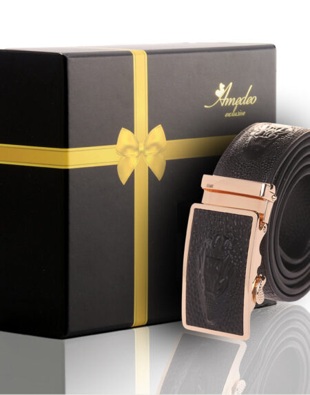 Men's Smart Ratchet No Holes Automatic Buckle Belt in Black & Gold Color - Amedeo Exclusive