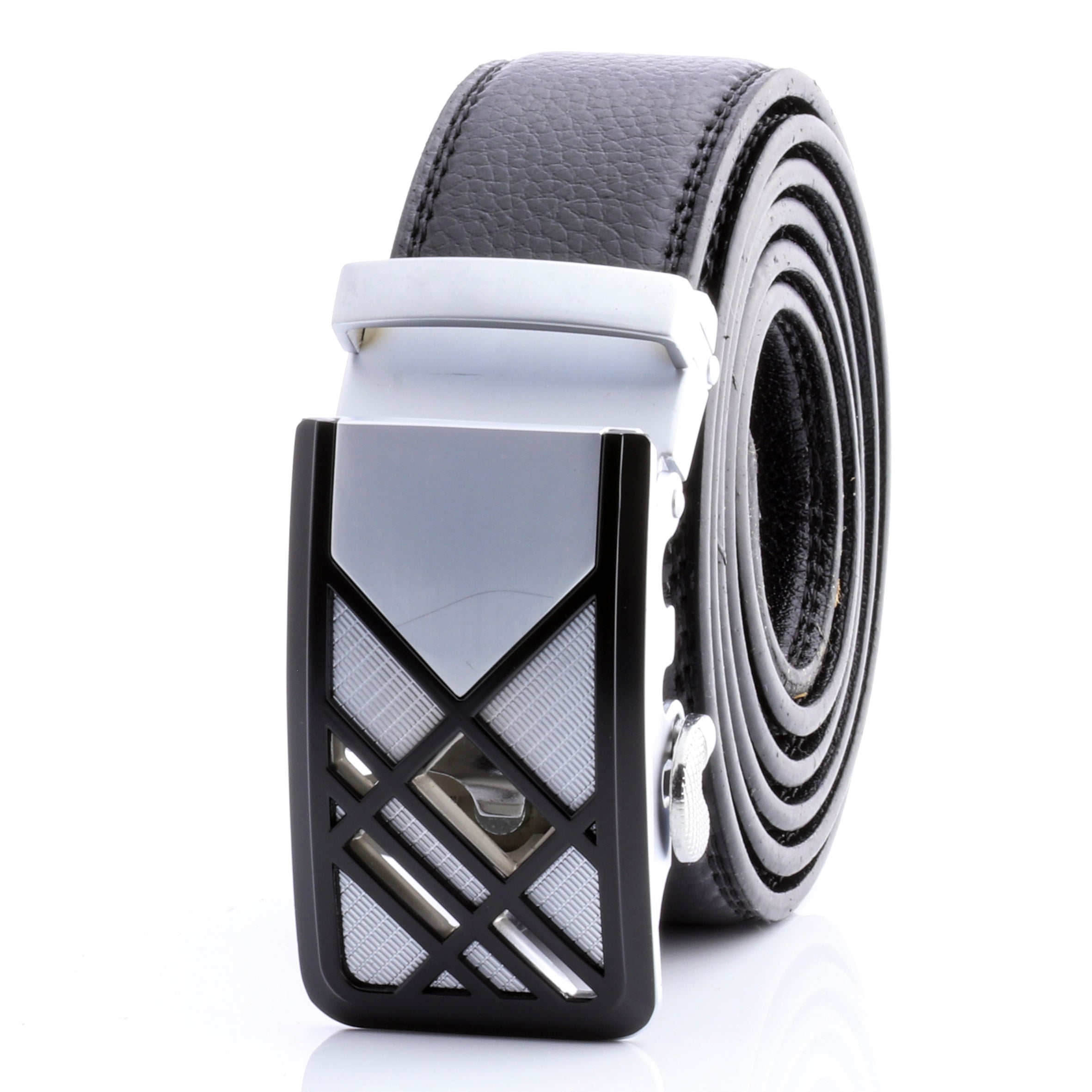 Amedeo Exclusive Silver White Automatic Ratchet Belt – No Holes Perfect Fit, Black Leather - Image 2