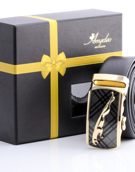 Men's Stainless Steel Black Belt with Bronze & Silver Plaid - Amedeo Exclusive