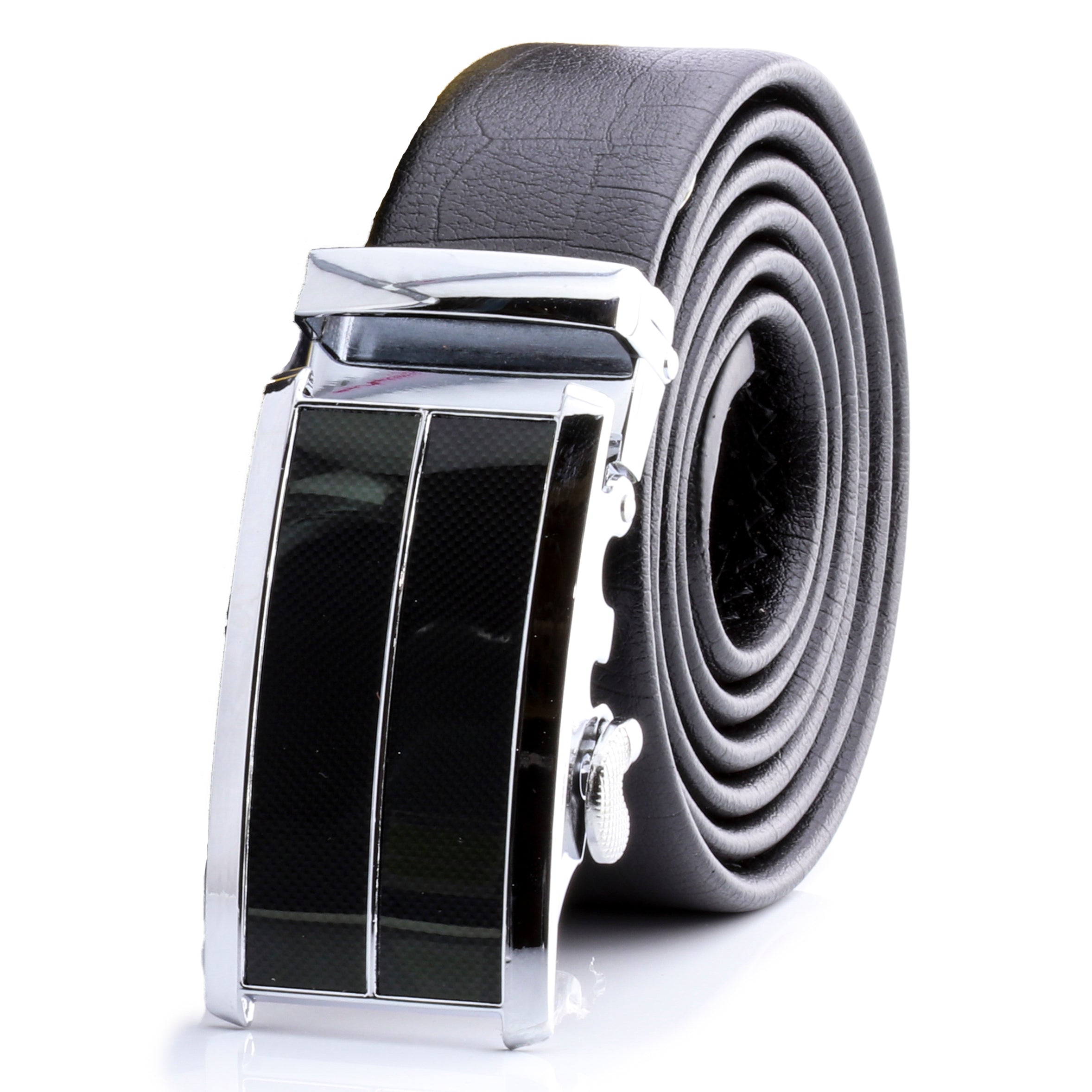 Classic Silver Automatic Ratchet Belt – Black Leather, No Holes Perfect Fit - Image 2
