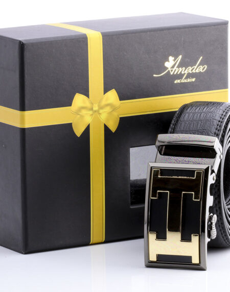 Men's Smart Ratchet No Holes Automatic Buckle Belt in Gold & Black Color - Amedeo Exclusive