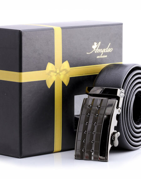 Men's Smart Ratchet No Holes Automatic Buckle Belt in Black & Gun Metal Texture Color - Amedeo Exclusive