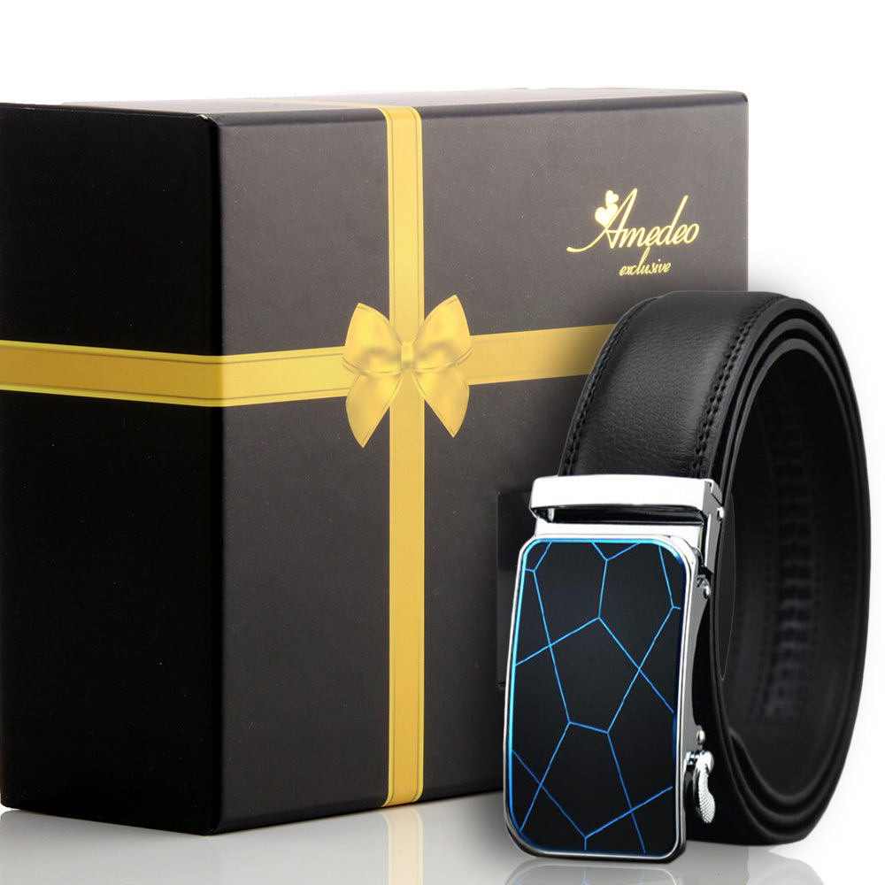 Men's Stainless Steel Black Belt with Blue & Black Buckle - Amedeo Exclusive