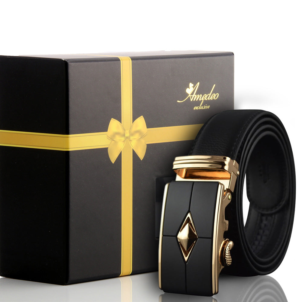 Men's Smart Ratchet No Holes Automatic Buckle Belt in Gold & Black Color - Amedeo Exclusive