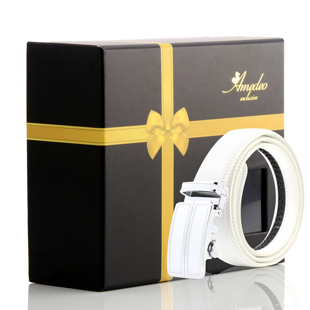 Men's Smart Ratchet No Holes Automatic Buckle Belt in Silver & White Color - Amedeo Exclusive