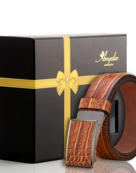 Men's Stainless Steel Buckle Brown Tan Belt - Amedeo Exclusive