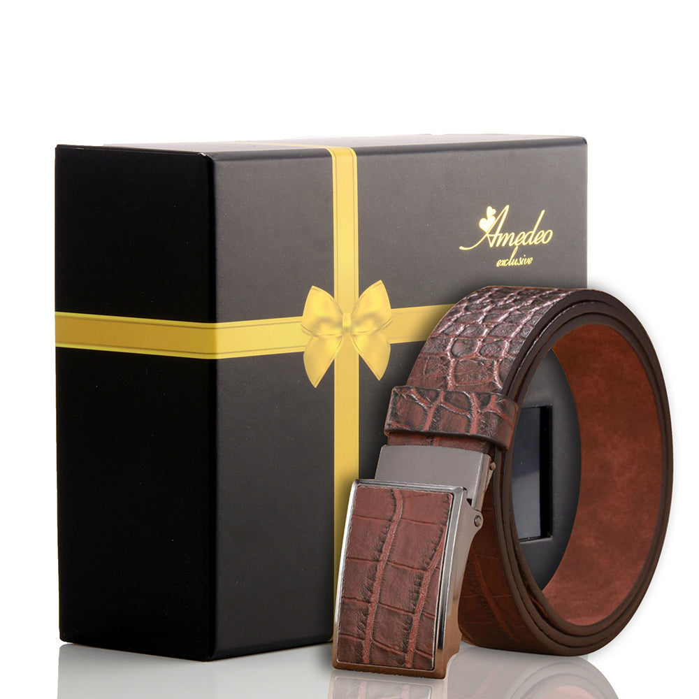 Men's Stainless Steel Buckle Brown Belt - Amedeo Exclusive