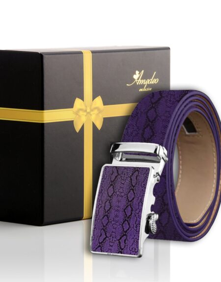 Men's Smart Ratchet No Holes Automatic Buckle Belt in Snake Skin - Purple Color - Amedeo Exclusive