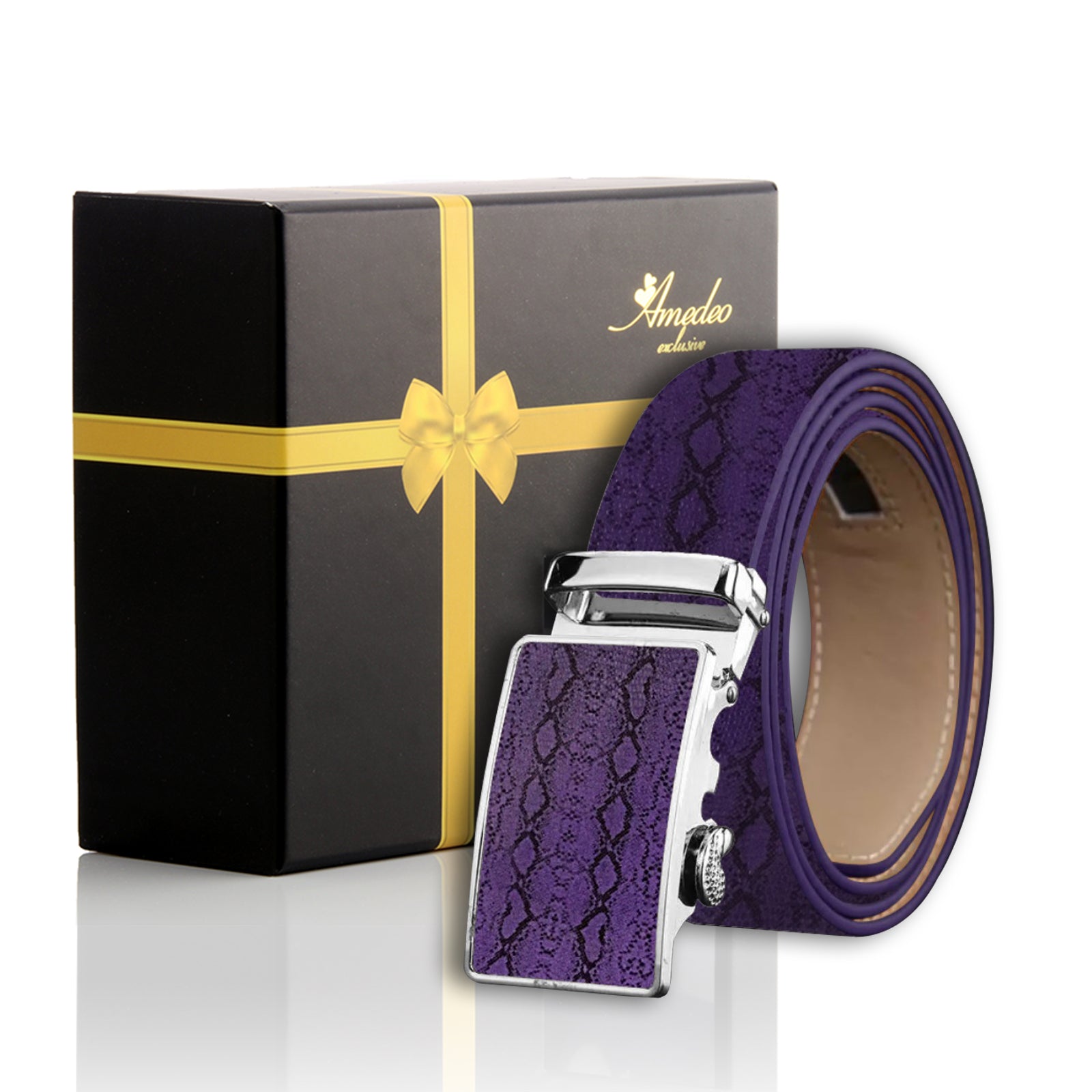 Men's Smart Ratchet No Holes Automatic Buckle Belt in Snake Skin - Purple Color - Amedeo Exclusive
