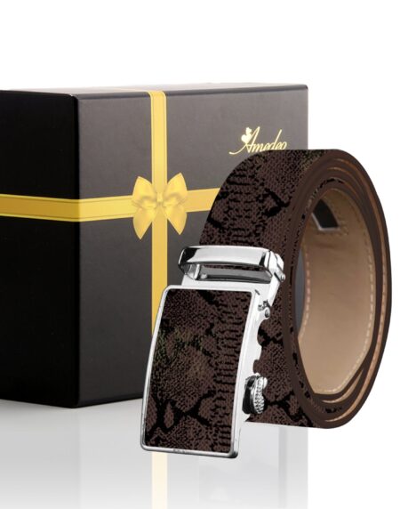Men's Smart Ratchet No Holes Automatic Buckle Belt in Snake Skin - Brown Color - Amedeo Exclusive