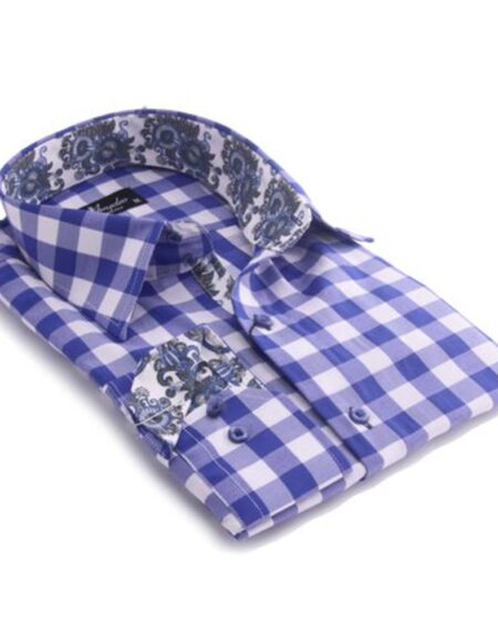 Blue & White Check Mens Slim Fit Designer Dress Shirt - tailored Cotton Shirts for Work and Casual Wear - Amedeo Exclusive