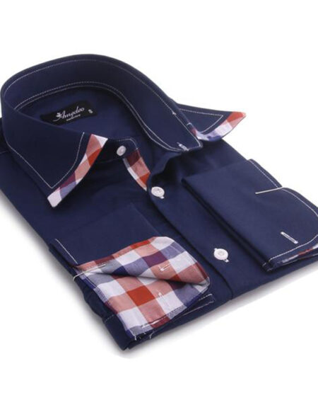 Navy Blue Colorful Check Mens Slim Fit Designer Dress Shirt - tailored Cotton Shirts for Work and - Amedeo Exclusive