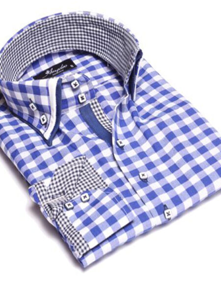 Checkered Blue & White Mens Slim Fit Designer Dress Shirt - tailored Cotton Shirts for Work and - Amedeo Exclusive