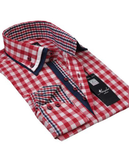 Red White Checkered Mens Slim Fit Designer Dress Shirt - tailored Cotton Shirts for Work and - Amedeo Exclusive