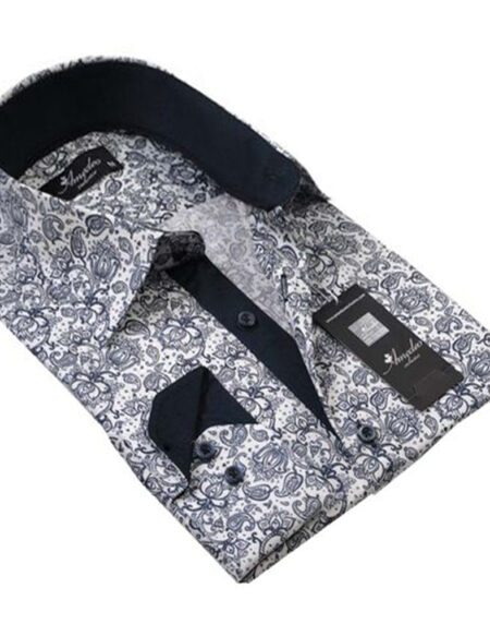 White Navy Blue Paisley Mens Slim Fit Designer Dress Shirt - tailored Cotton Shirts for Work and - Amedeo Exclusive