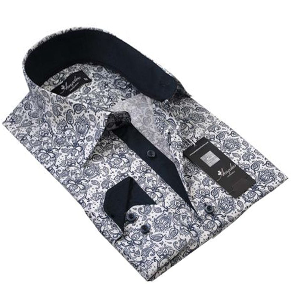 White Navy Blue Paisley Mens Slim Fit Designer Dress Shirt - tailored Cotton Shirts for Work and - Amedeo Exclusive