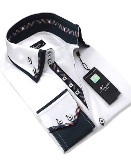 Solid White with Plaid Mens Slim Fit Designer Dress Shirt - tailored Cotton Shirts for Work and Casual Wear - Amedeo Exclusive