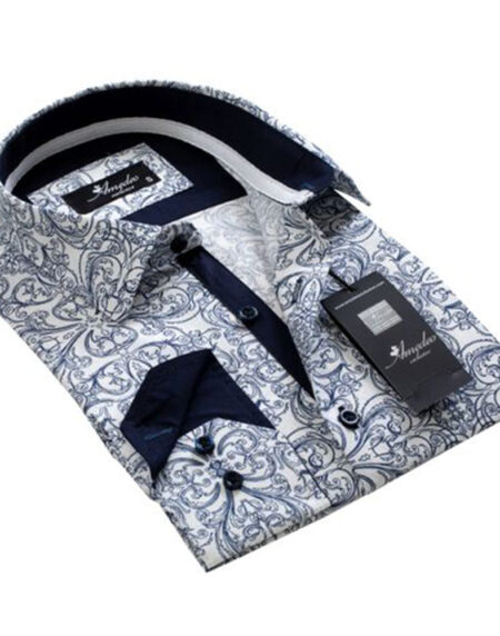 White Blue Paisley Mens Slim Fit Designer Dress Shirt - tailored Cotton Shirts for Work and Casual - Amedeo Exclusive