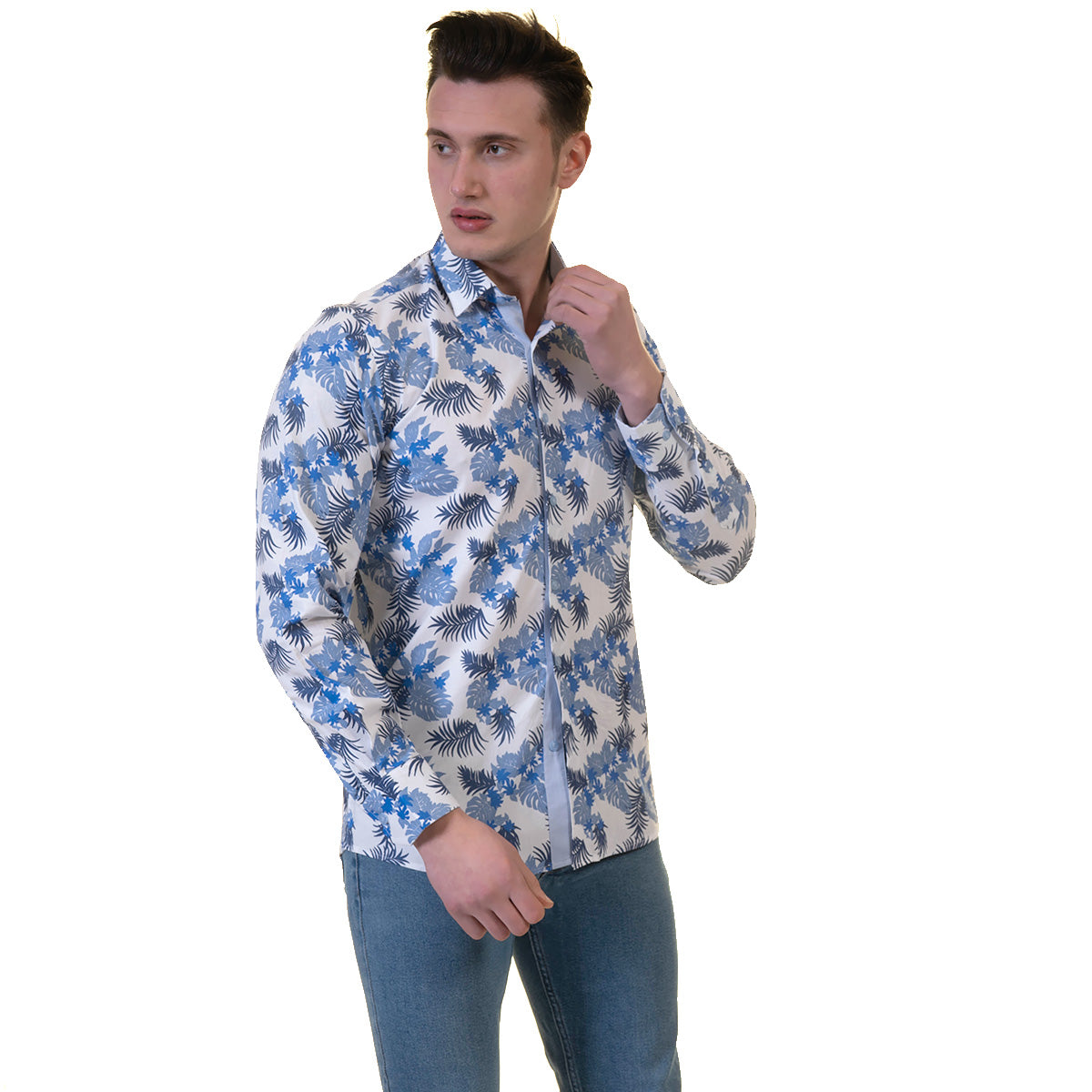 Blue and White Mens Slim Fit Designer French Cuff Shirt - tailored Cotton Shirts for Work and Casual Wear - Image 2