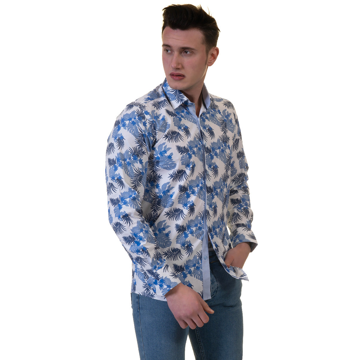 Blue and White Mens Slim Fit Designer French Cuff Shirt - tailored Cotton Shirts for Work and Casual Wear - Image 3
