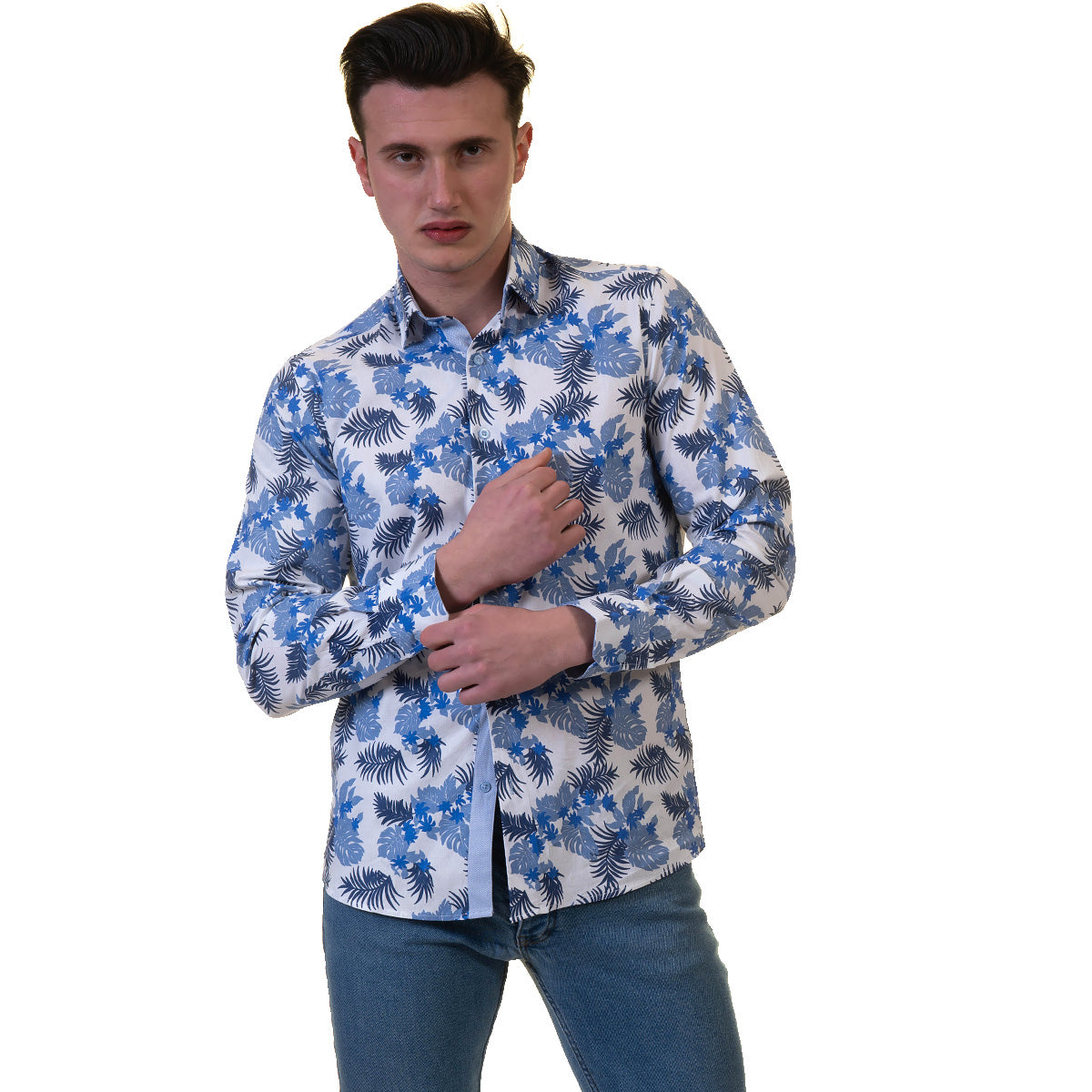 Blue and White Mens Slim Fit Designer French Cuff Shirt - tailored Cotton Shirts for Work and Casual Wear - Image 4