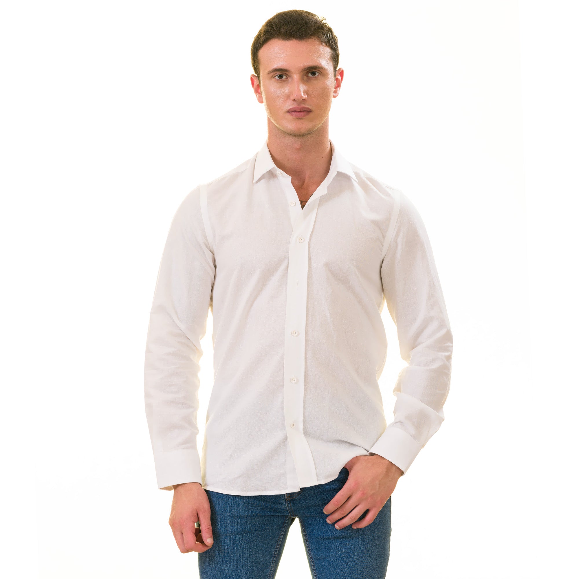 White Luxury Men's European-Made Tailored Fit Linen Button-Up Shirt - Image 4