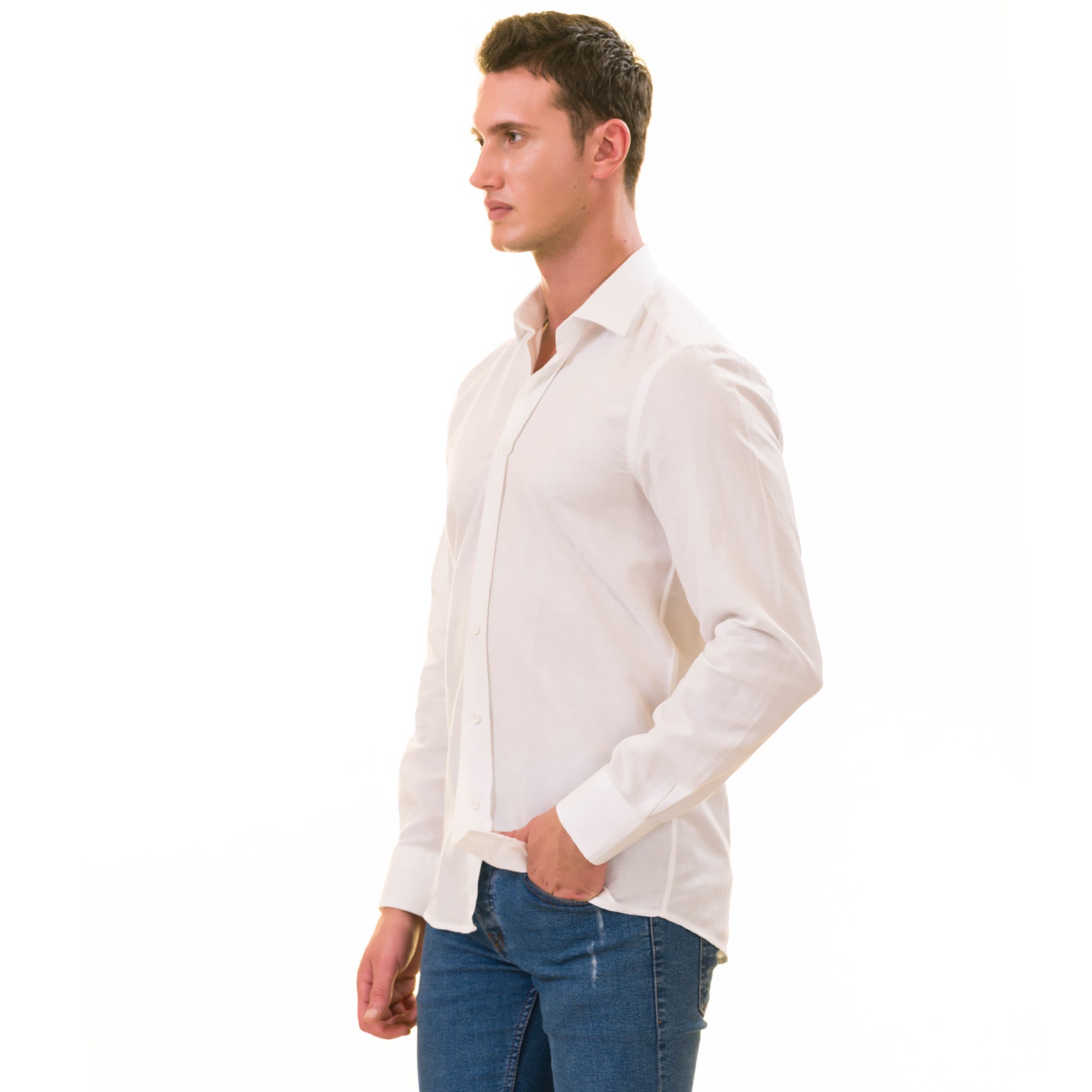 White Luxury Men's European-Made Tailored Fit Linen Button-Up Shirt - Image 6