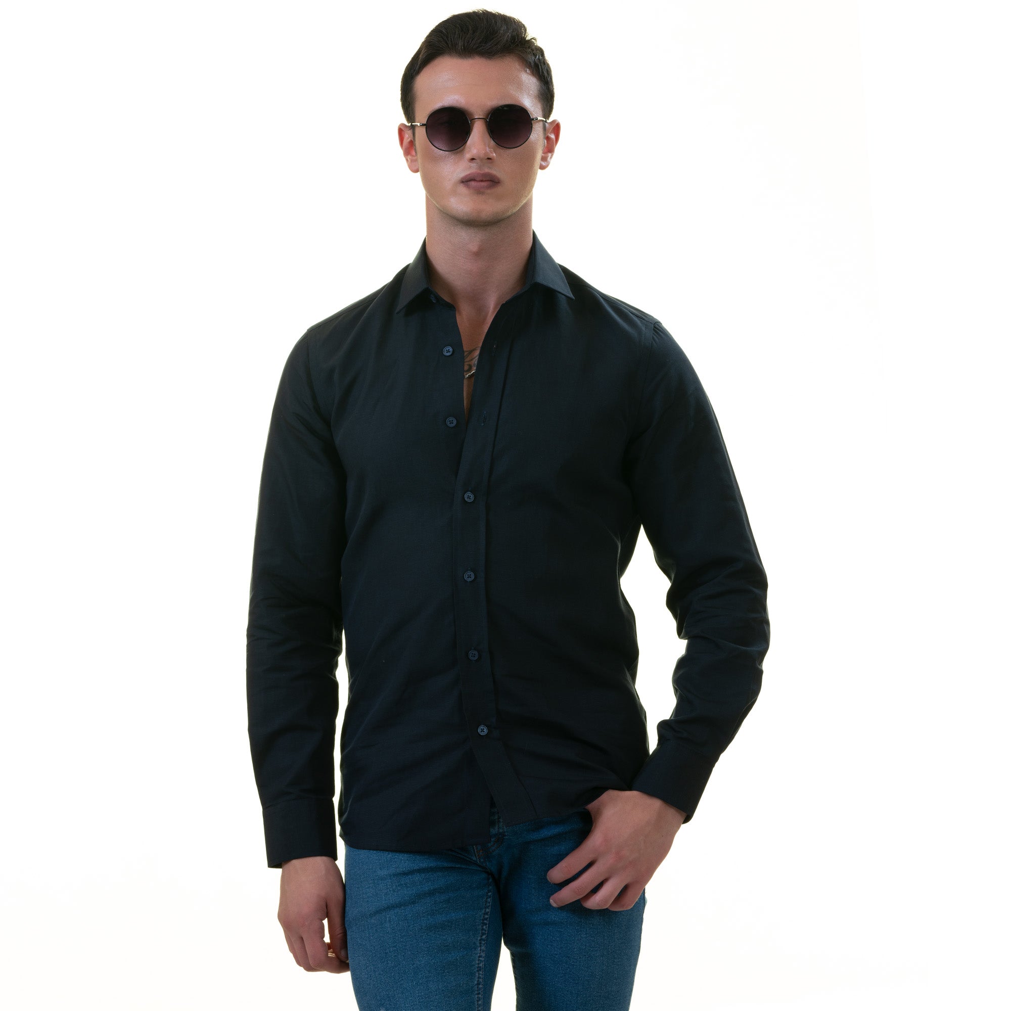 Navy Colored Luxury Men's Tailor Fit Button Up European Made Linen Shirts - Image 2