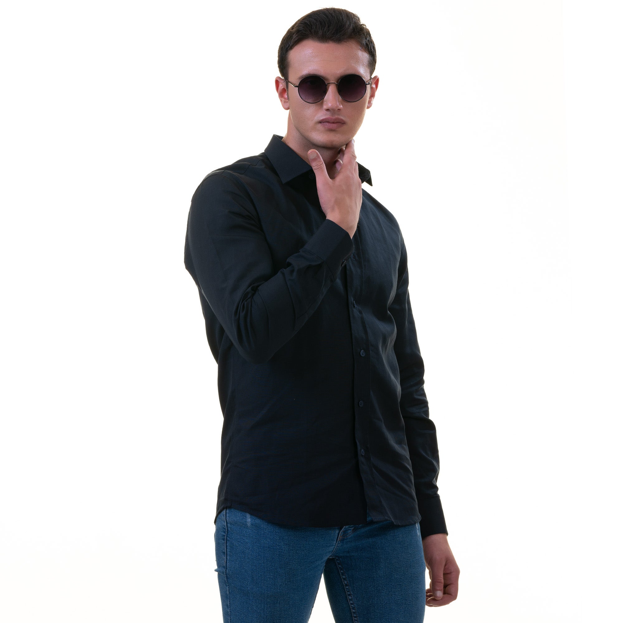 Navy Colored Luxury Men's Tailor Fit Button Up European Made Linen Shirts - Image 3