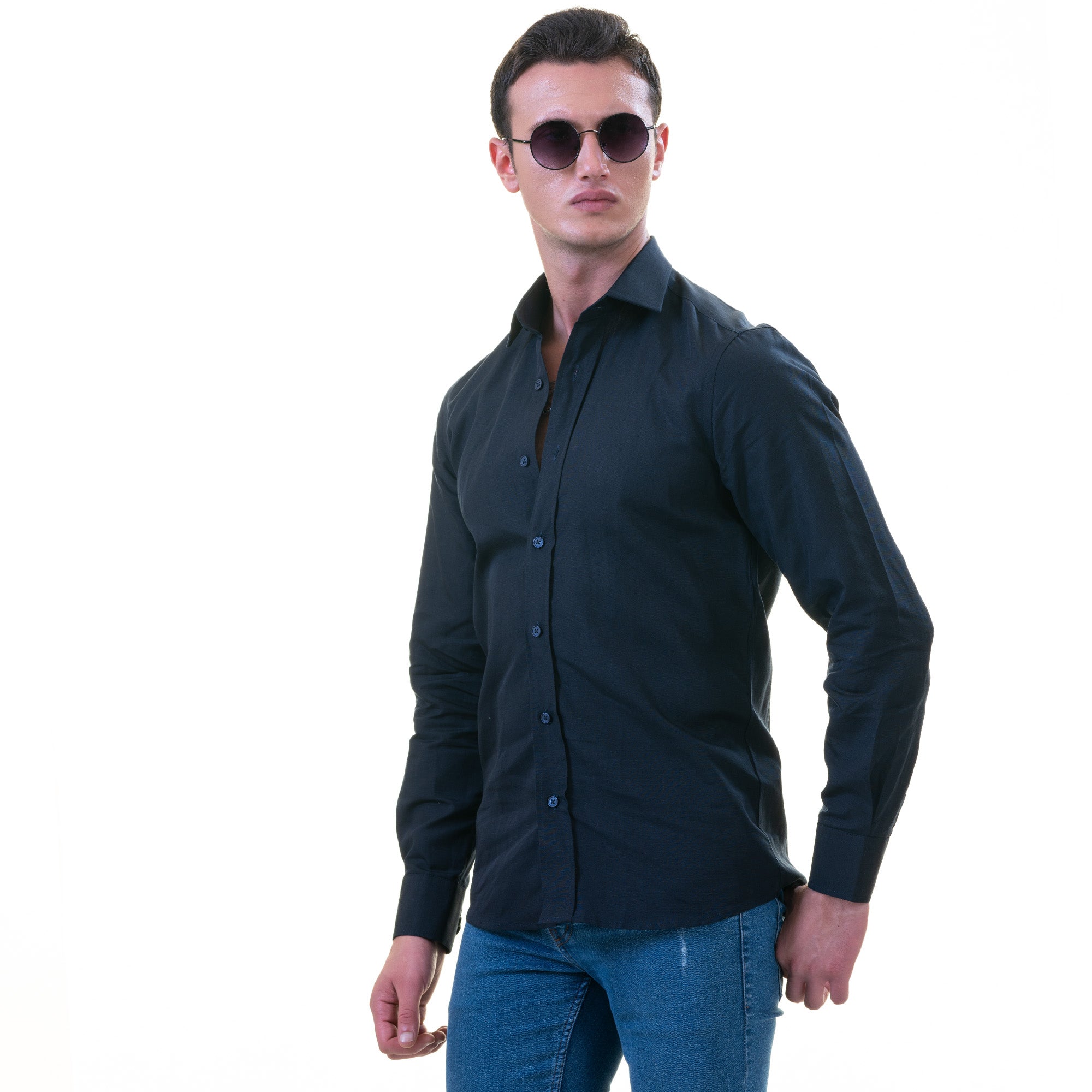 Navy Colored Luxury Men's Tailor Fit Button Up European Made Linen Shirts - Image 4