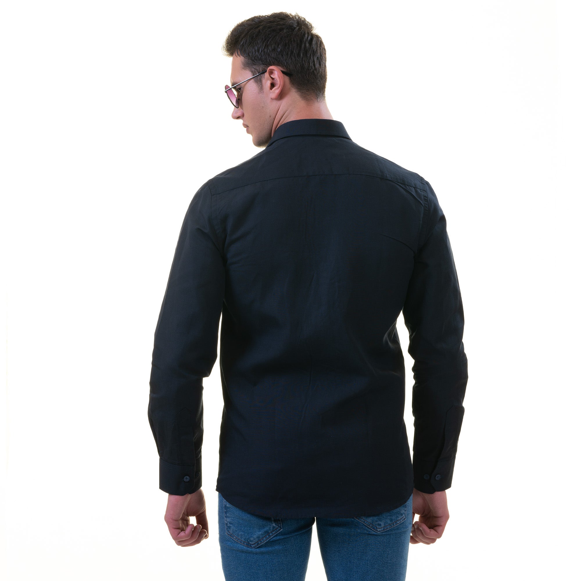 Navy Colored Luxury Men's Tailor Fit Button Up European Made Linen Shirts - Image 5