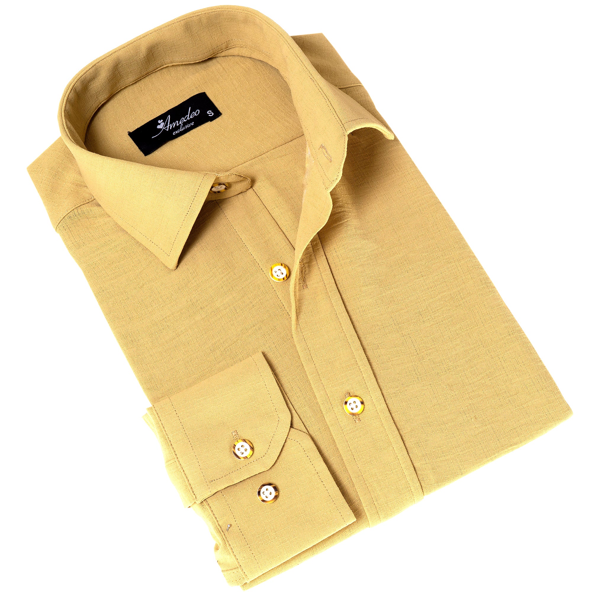 Mustard Luxury Men's European-Made Tailored Fit Linen Button-Up Shirt