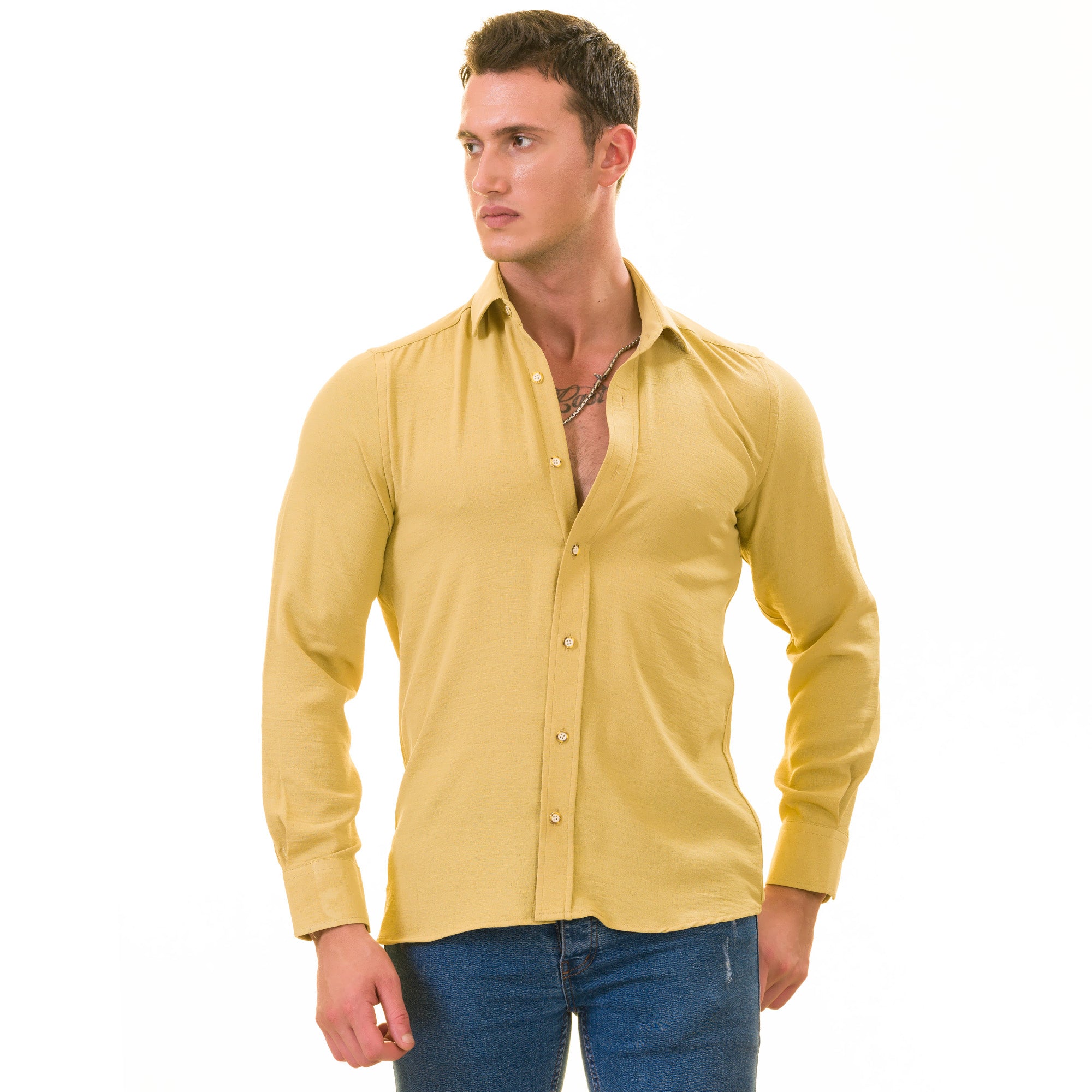 Mustard Luxury Men's European-Made Tailored Fit Linen Button-Up Shirt - Image 7