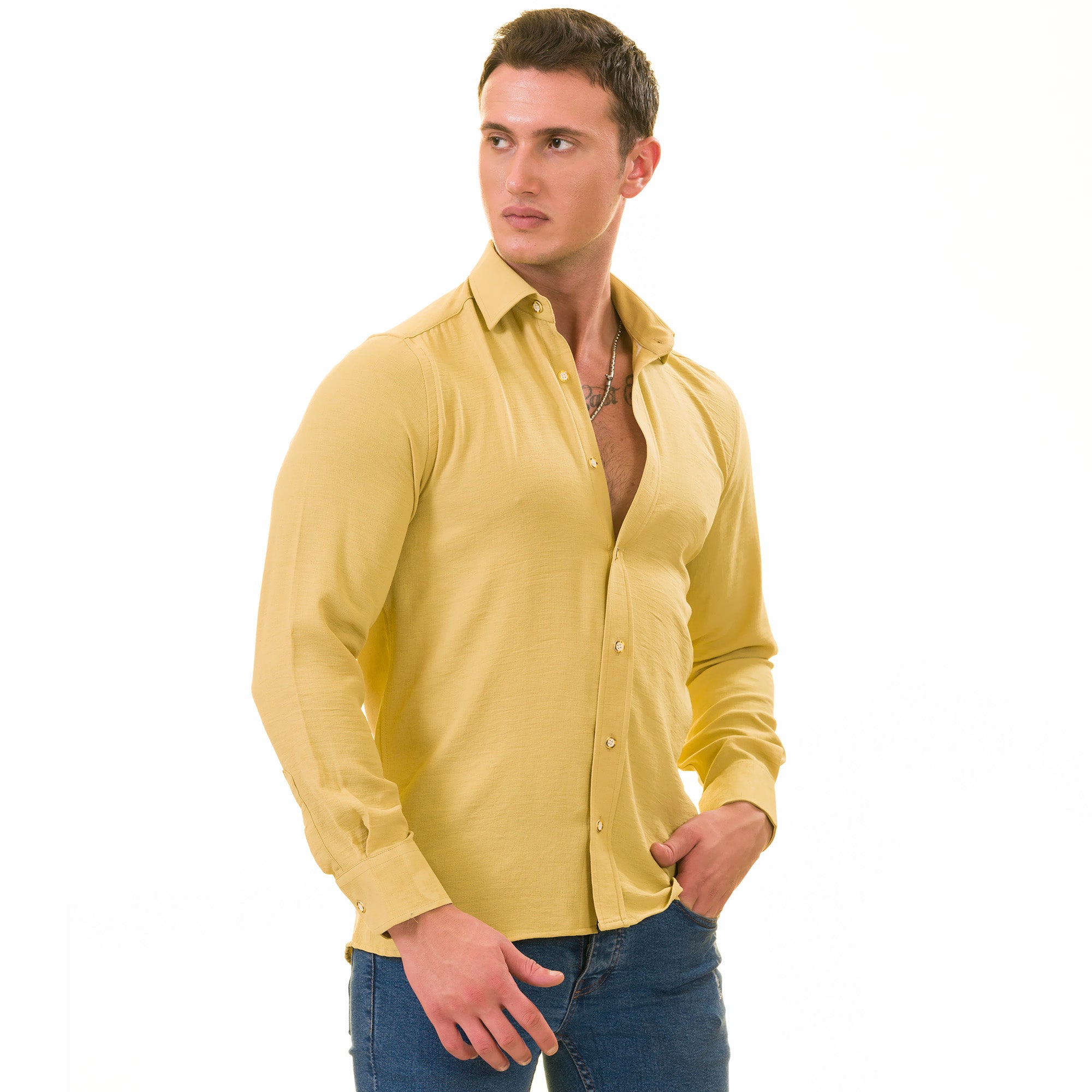 Mustard Luxury Men's European-Made Tailored Fit Linen Button-Up Shirt - Image 2