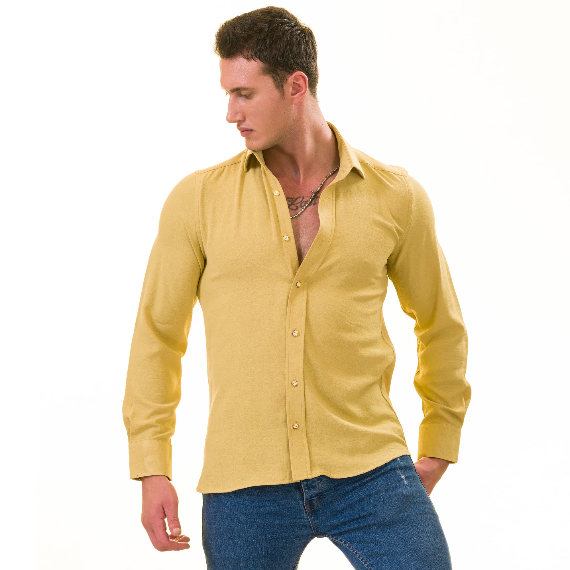 Mustard Luxury Men's European-Made Tailored Fit Linen Button-Up Shirt - Image 3