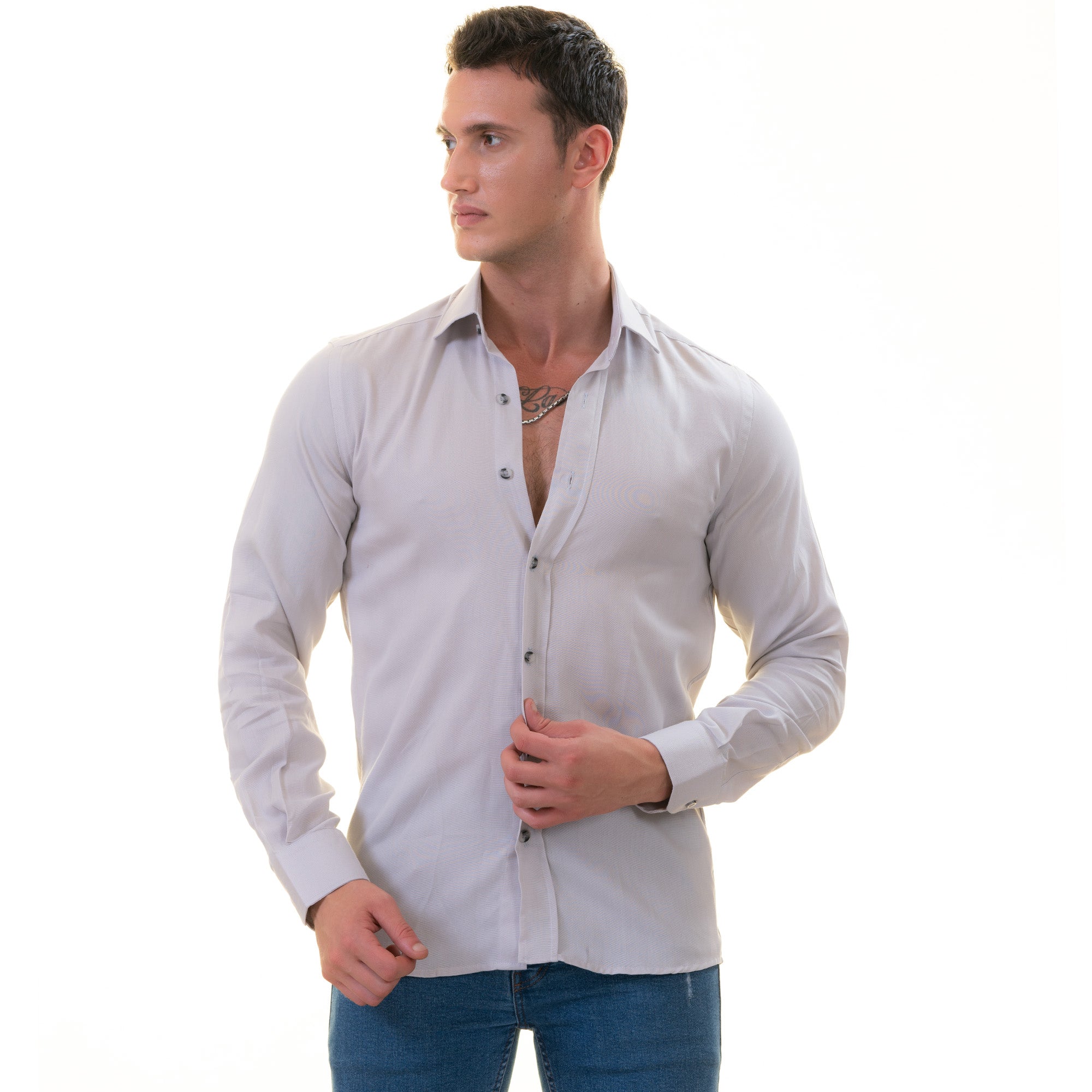 Gray Luxury Men's Linen Button-Up Shirt - Tailored Fit, European Made - Image 2