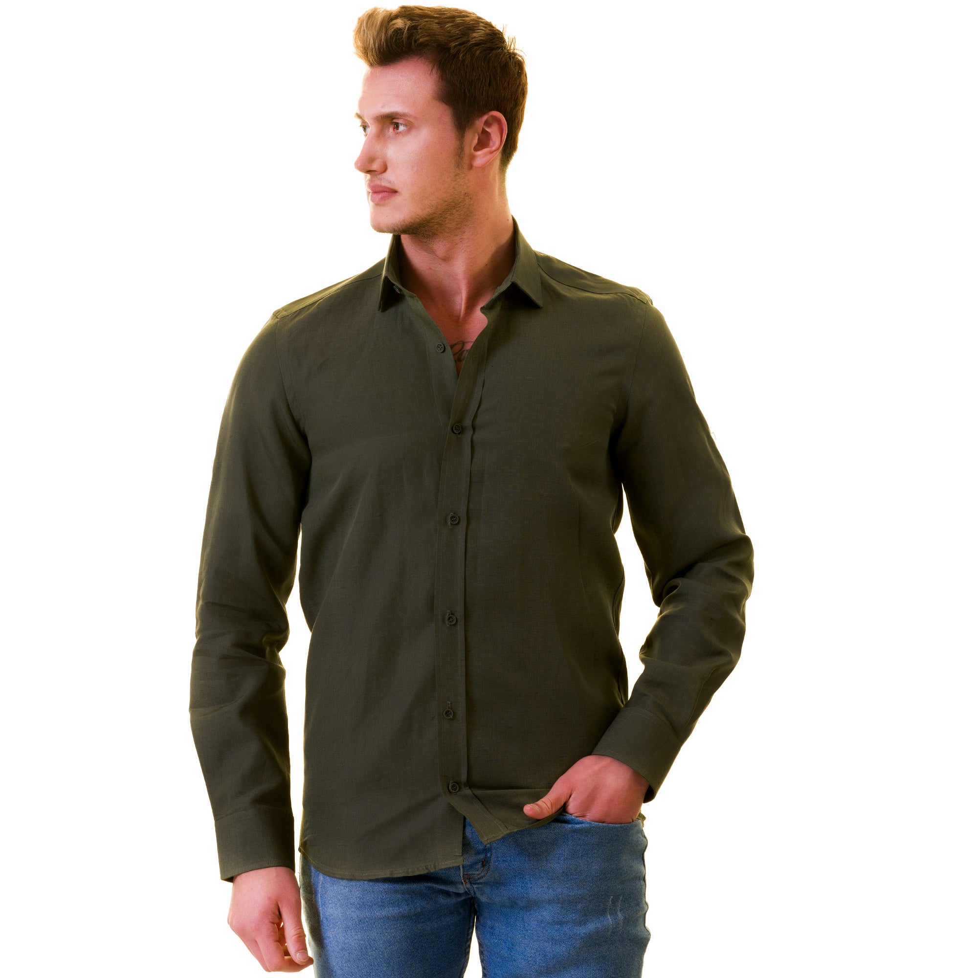 Men's Khaki Linen Shirt - Luxury Tailor Fit European Made Button-Up - Image 4