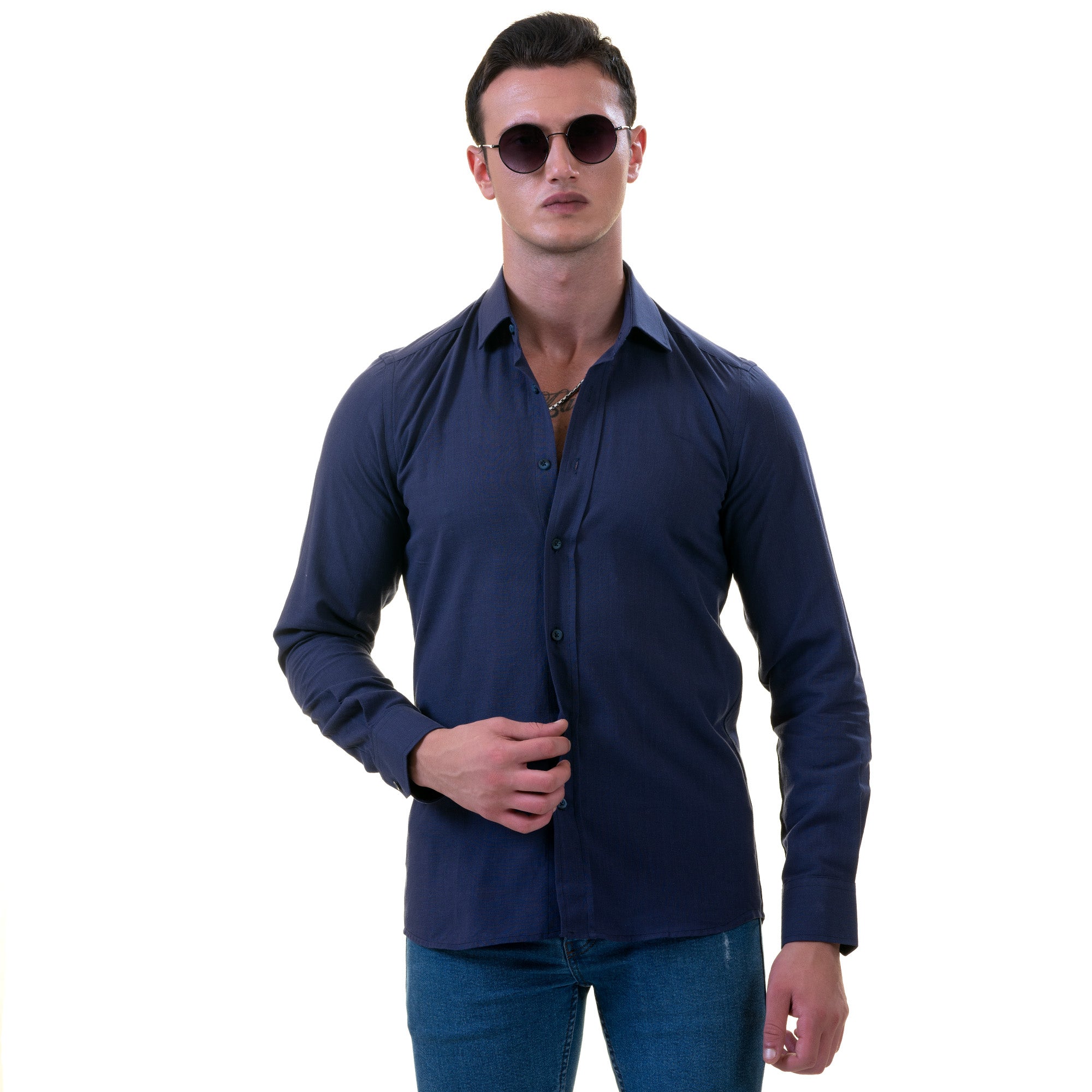 Men’s Dark Blue Linen Shirt - Luxury Tailor Fit European Made Button-Up - Image 4
