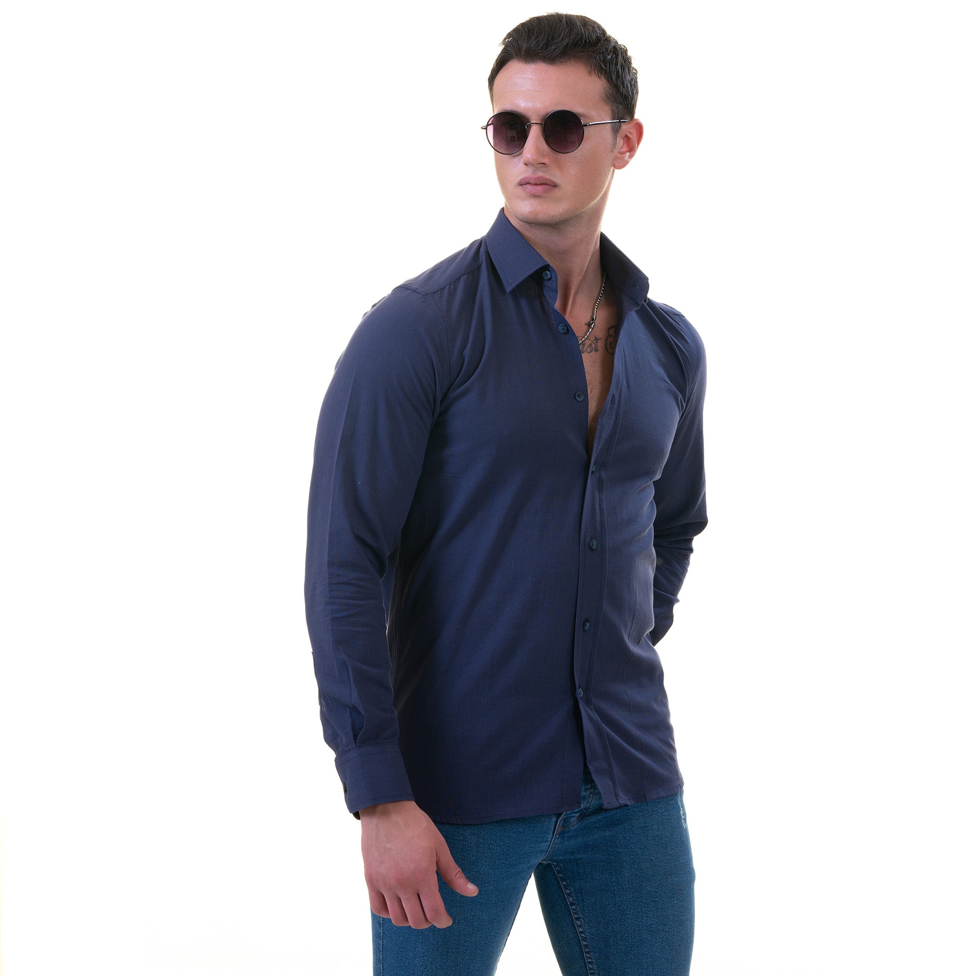 Men’s Dark Blue Linen Shirt - Luxury Tailor Fit European Made Button-Up - Image 2