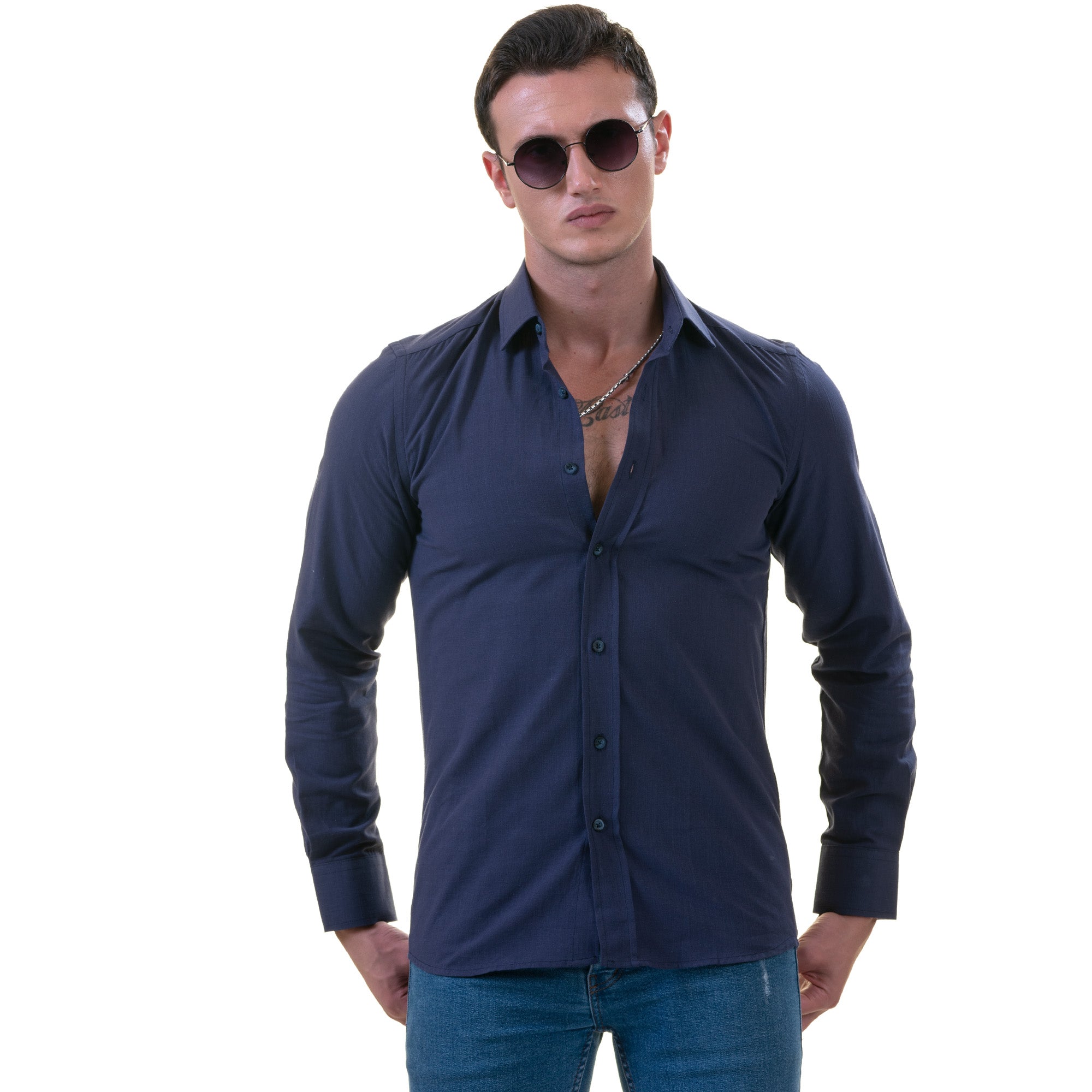 Men’s Dark Blue Linen Shirt - Luxury Tailor Fit European Made Button-Up - Image 5
